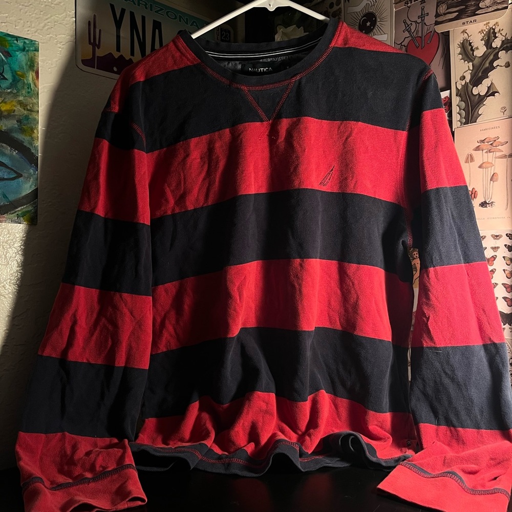 Nautica long sleeve sweatshirt, red and navy striped.